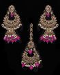 Mughal Antique American Diamond Jhumka Earrings & Tikka Set - fuchsia pink IAPA11631 Indian Jewellery