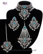 Silver Mughal Princess Indian Jewellery Set - Choker, Ear, Tikka & Jhumar - turquoise (firozi) blue NSLC11552 Indian Jewellery