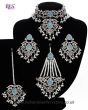 Silver Mughal Princess Indian Jewellery Set - Choker, Ear, Tikka & Jhumar - sky blue NSLC11553 Indian Jewellery