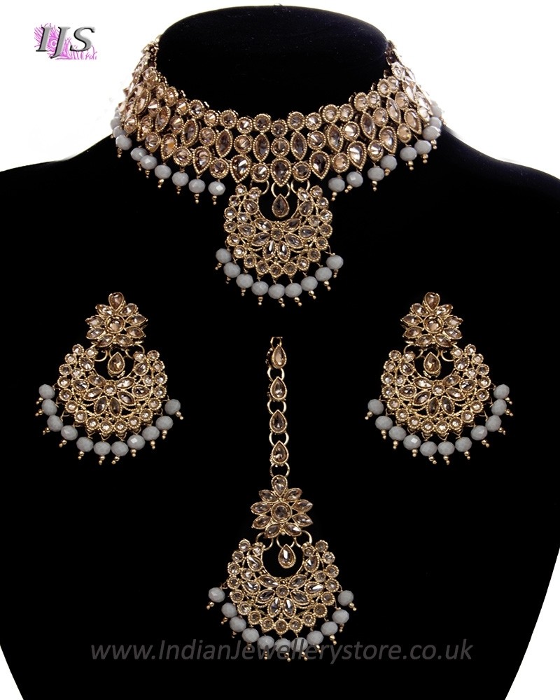 Champagne CZ Indian Choker Necklace Set 
