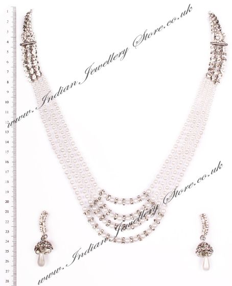 Long Indian 4-Line Pearl Mala Necklace Set NSWC03654 Indian Jewellery