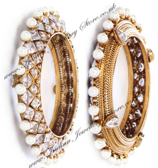 1 x American Diamond & Pearl 3D Indian Bangles - White 2.8 WAWA10165 Indian Jewellery