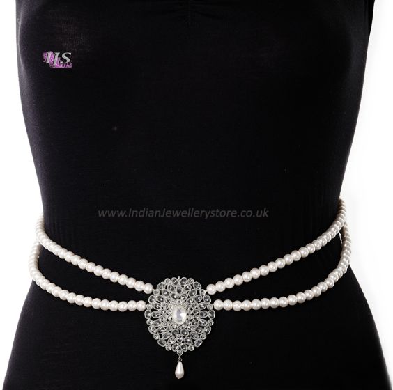 Silver Pearl & American Diamond Saree Belt - white LSWL11375 Indian Jewellery