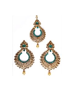 Golden Stone, Antique Statement Indian Earrings & Tikka IAC010275C Indian Jewellery