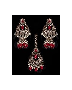 Mughal Antique American Diamond Jhumka Earrings & Tikka Set - bright red IARA11634 Indian Jewellery