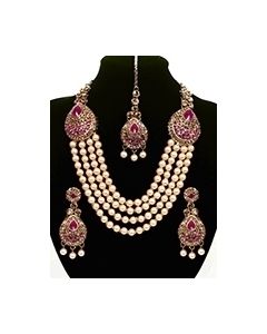 Asian 4-Stranded Pearl Mala Set - fuchsia pink NAPL11422 Indian Jewellery