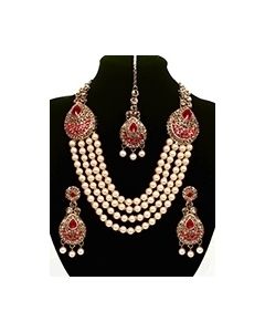 Asian 4-Stranded Pearl Mala Set - bright red NARL11424 Indian Jewellery