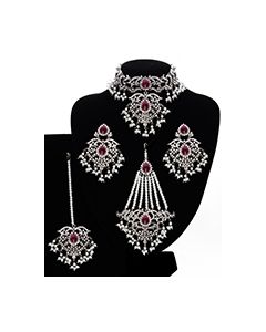 Silver Mughal Princess Indian Jewellery Set - Choker, Ear, Tikka & Jhumar - fuchsia pink NSPC11555 Indian Jewellery