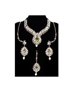 Structured kundan collar necklace set - Apple green NAGK11840 Indian Jewellery