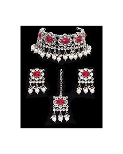 Silver Asian Indian Choker & Studs Jewellery Set NSRK11867 Indian Jewellery