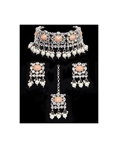 Silver Asian Indian Choker & Studs Jewellery Set - Colours Available NSWK11869C Indian Jewellery
