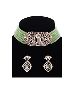 Rose Gold Fine CZ Diamond Modern Indian Choker Set - Mint Green NRGA12062 Indian Jewellery