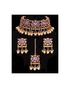 Traditional Pearl Indian Choker & Studs Jewellery Set - Lilac NERP11992 Indian Jewellery