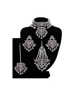 Silver Mughal Princess Indian Jewellery Set - Choker, Ear, Tikka & Jhumar - lilac (light purple) NSUC11999 Indian Jewellery