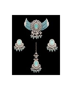 Elegant Beaded Kundan Indian Jewellery Set in Silver - Colours available NSWL12238C Indian Jewellery