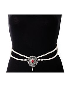 Silver Pearl & American Diamond Saree Belt - bright red LSRL11374 Indian Jewellery