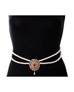 Pearl Drape & American Diamond, Gold Saree Belt - bright red LERL11385 Indian Jewellery