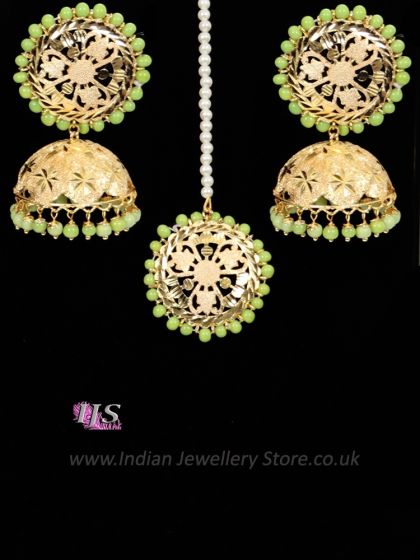 Punjabi Statement jali round tikka & jhumkis - vibrant green IEGL11110 Indian Jewellery