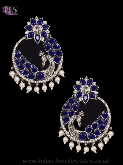 Silver Oxidised Peacock Indian Earrings ESLP12180 Indian Jewellery