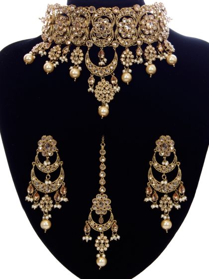 Antique Indian Bridal Choker Jewellery - Champagne American Diamonds NANA11084 Indian Jewellery
