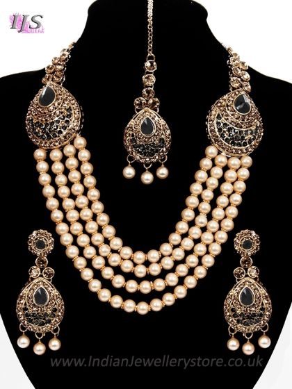 Asian 4-Stranded Pearl Mala Set - black NABL11413 Indian Jewellery