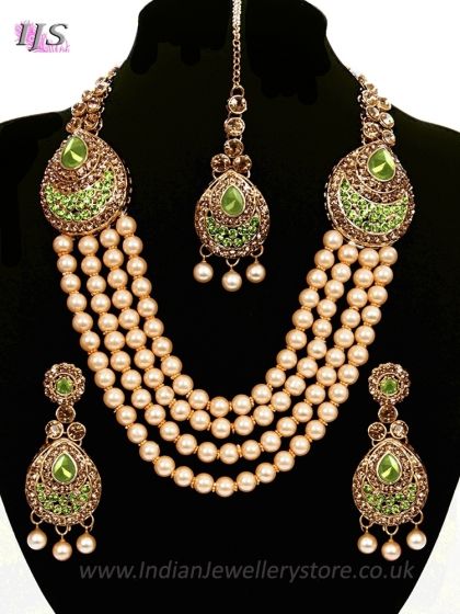 Asian 4-Stranded Pearl Mala Set - vibrant green NAGL11421 Indian Jewellery