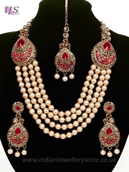 Asian 4-Stranded Pearl Mala Set - bright red NARL11424 Indian Jewellery