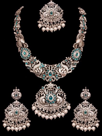 Oxidised Silver Long Peacock Haar Necklace NSWP12430C Indian Jewellery