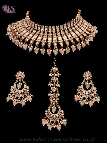 Baby Pink & Mint American Diamond Antique Indian Jewellery Set NAPA12440 Indian Jewellery