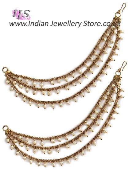 3-line Delicate Antique Pearl Saharas, Indian Earring Chains EAWL11029 Indian Jewellery