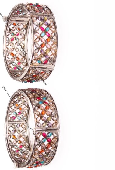 2 x High-Quality Silver & Multi Rainbow Coloured Polki Bangles, 2.6 WSMP03645 Indian Jewellery