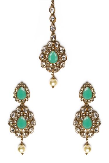 American Diamond, Antique Indian Earrings & Tikka - mint green IAGA11571 Indian Jewellery
