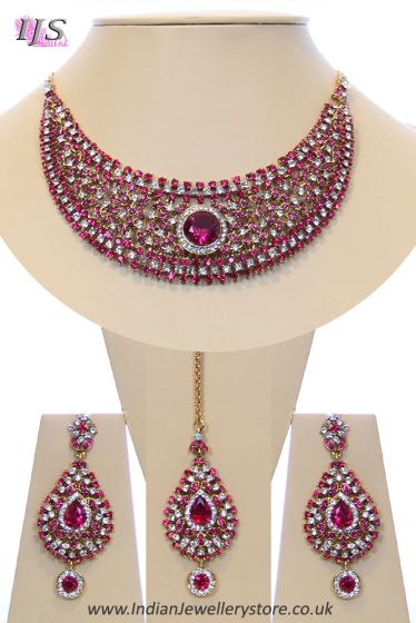 Crystal Collar Necklace Set - Fuchsia Pink Ella NAPC10489 Indian Jewellery