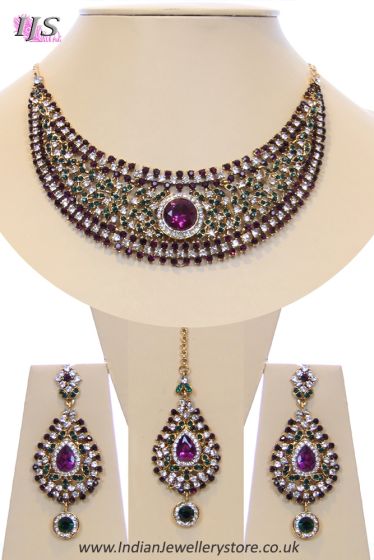 Crystal Collar Necklace Set - Purple-Green Ella NAMC10487 Indian Jewellery