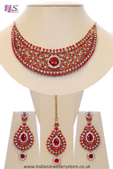 Crystal Collar Necklace Set - Bright Red Ella NARC10496 Indian Jewellery