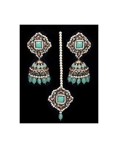 Large Jhumka Earrings & Tikka Indian Jewellery Set - Mint IAGC11827 Indian Jewellery