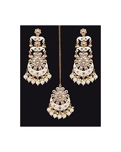 Statement Kundan & Meenakari Earrings & Tikka - Pearl White IEWK11979 Indian Jewellery