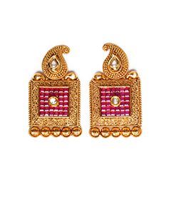 22k & Ruby Effect Large Square Indian Stud Earrings EARA10403 Indian Jewellery