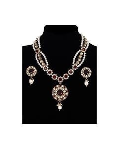 Fancy Pearl Mala Necklace & Indian Stud Earrings - maroon red NARL11472 Indian Jewellery