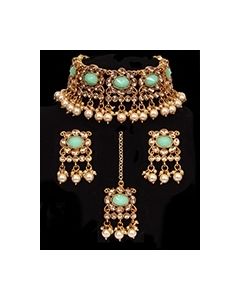 Traditional Pearl Indian Choker & Studs Jewellery Set - Mint Green LEGP11854 Indian Jewellery