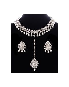 Indian Elegant Silver CZ Diamond Flexible Choker & Studs NSWA12065 Indian Jewellery