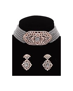 Rose Gold Fine CZ Diamond Modern Indian Choker Set - Grey NREA12064 Indian Jewellery