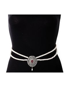 Silver Pearl & American Diamond Saree Belt - maroon red LSRL11373 Indian Jewellery
