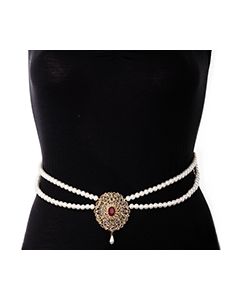 Pearl Drape & American Diamond, Gold Saree Belt - maroon red LERL11386 Indian Jewellery