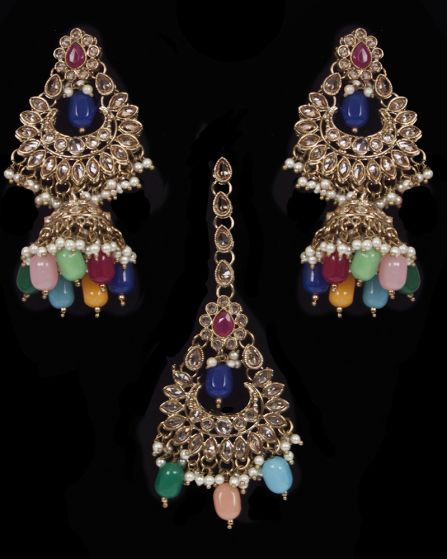 Mughal Antique American Diamond Jhumka Earrings & Tikka Set - multi coloured IAMA11626 Indian Jewellery