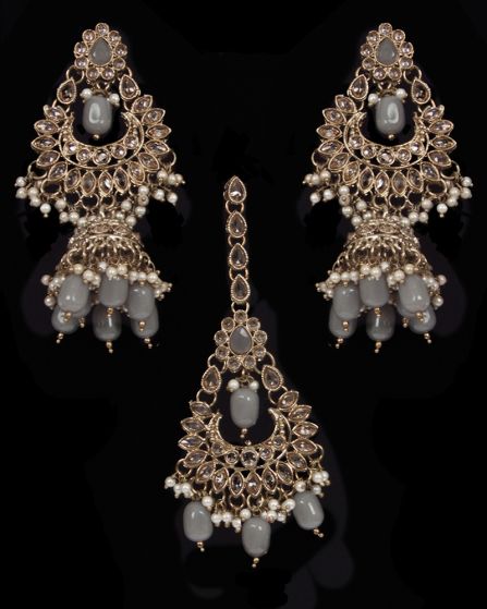 Mughal Antique American Diamond Jhumka Earrings & Tikka Set - grey IAEA11627 Indian Jewellery