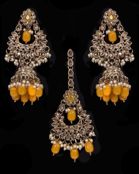 Mughal Antique American Diamond Jhumka Earrings & Tikka Set - yellow IAYA11630 Indian Jewellery