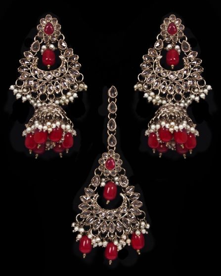 Mughal Antique American Diamond Jhumka Earrings & Tikka Set - bright red IARA11634 Indian Jewellery