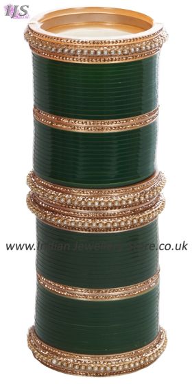 Bottle Green Pakistani Wedding Chura & Champagne Crystal Bangles 2.4 UAGC11584 Indian Jewellery