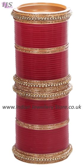 Maroon Red Asian Wedding Chura & Champagne Crystal Bangles 2.4 UARC11587 Indian Jewellery